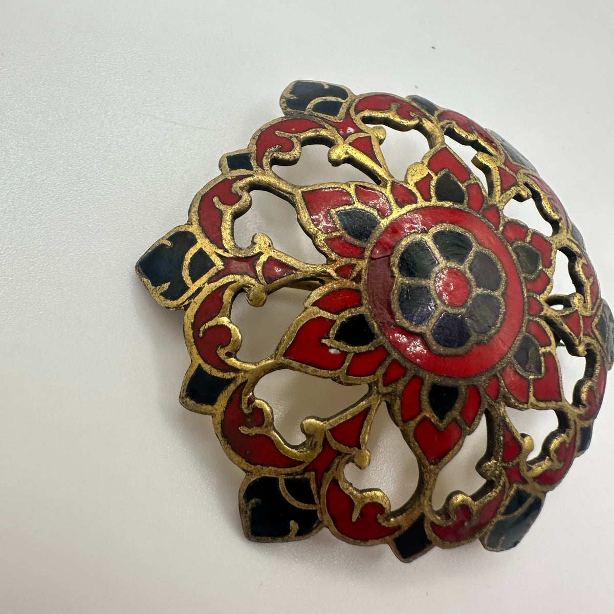 Antique 1890s Victorian French red black champlevé enamel openwork brass brooch