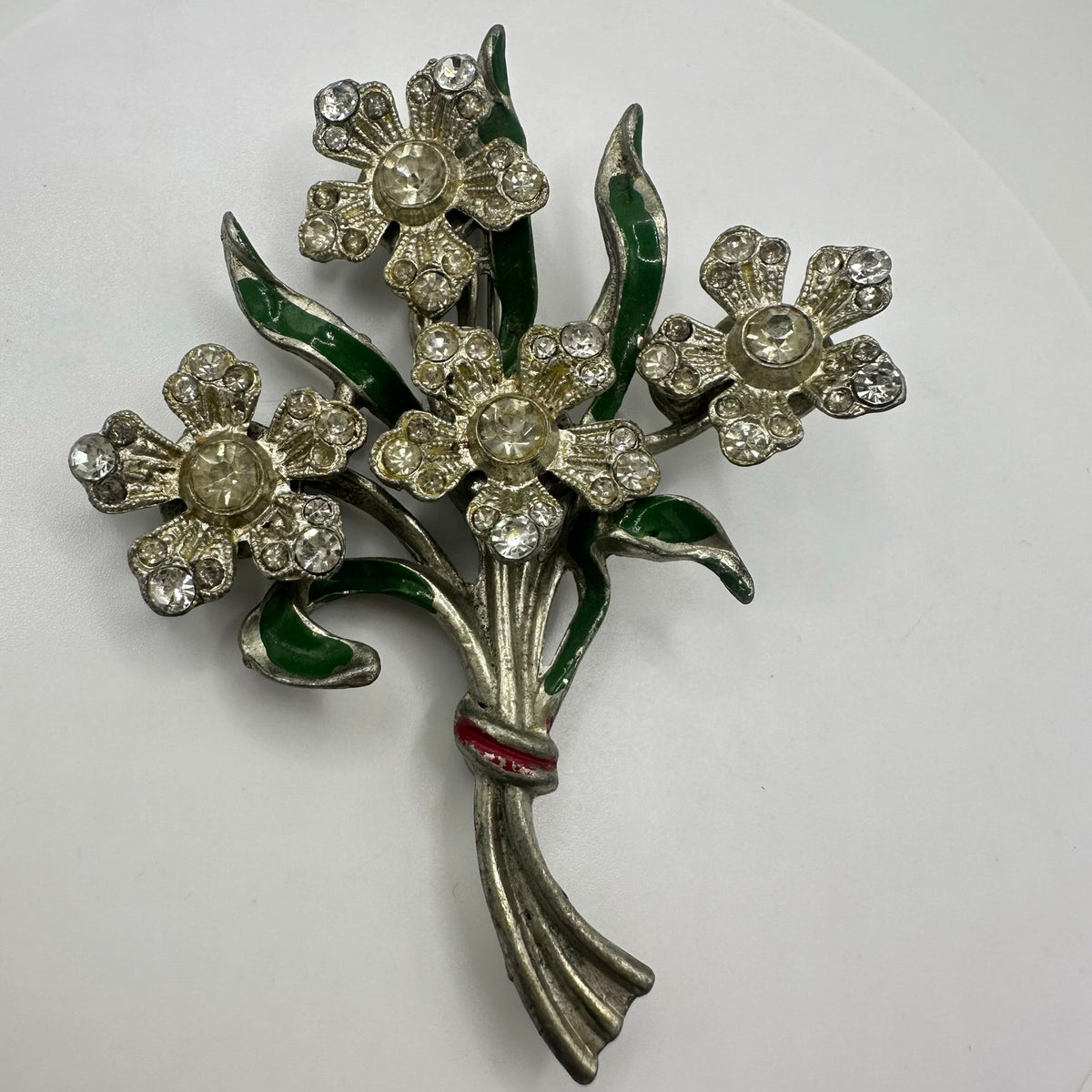 Staret vintage 1930s 1940s silver tone enamel clear rhinestones floral brooch