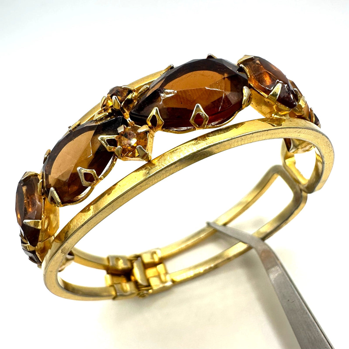 Juliana gold tone brown topaz glass rhinestones clamper bangle bracelet