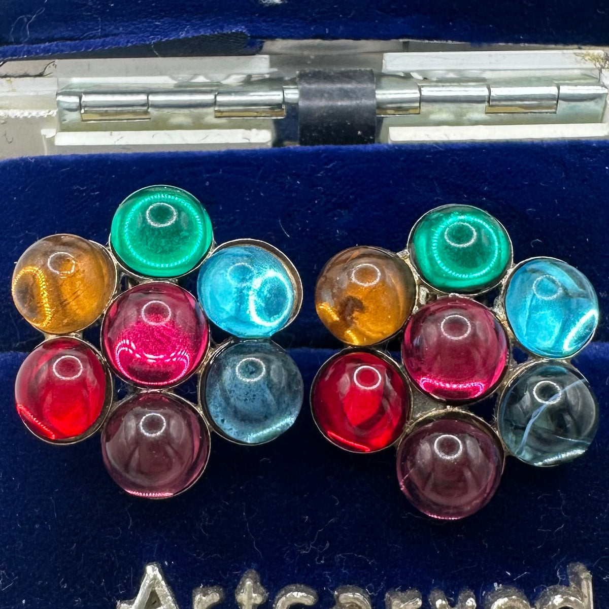 1940s vintage sterling silver rainbow glass cabochons screw back earrings