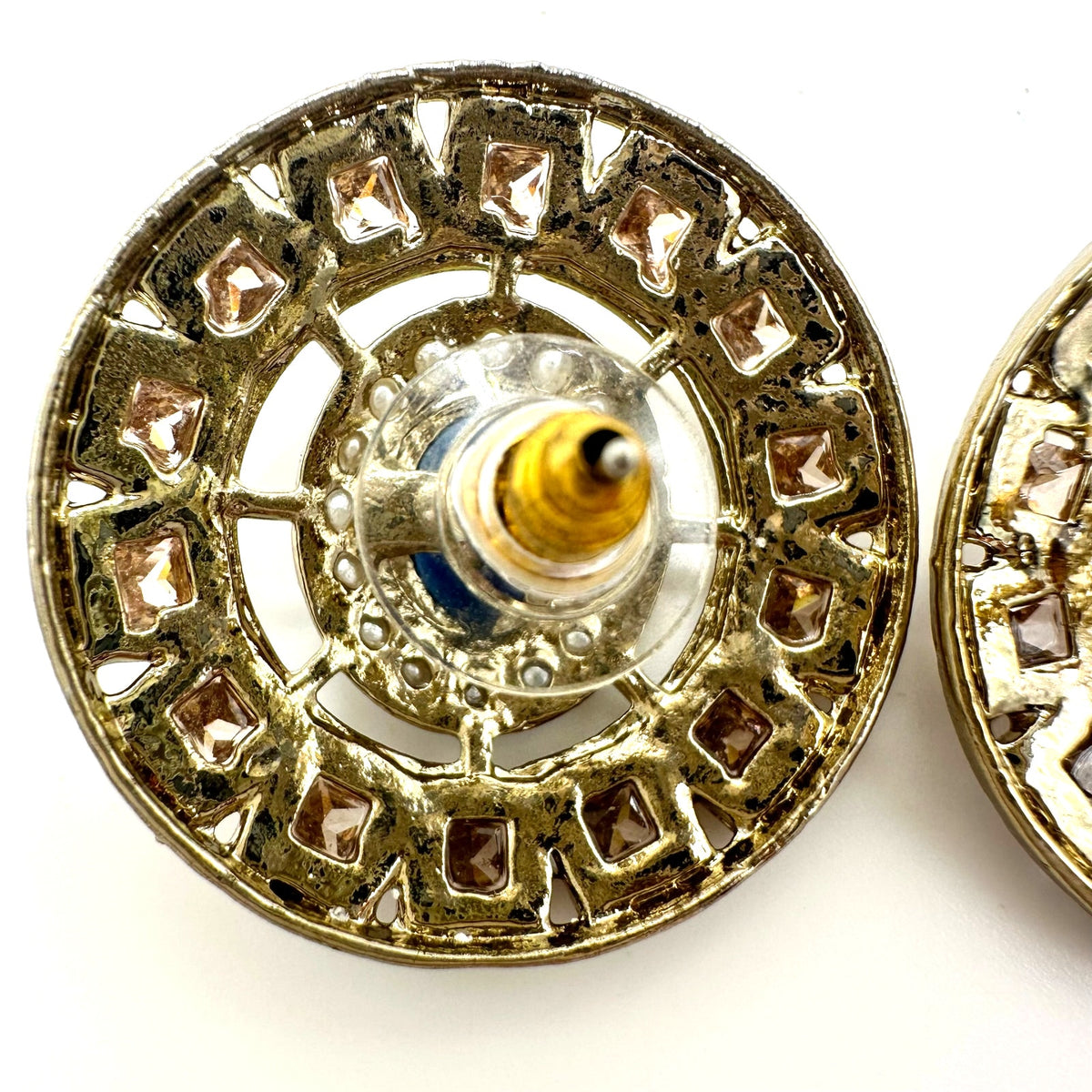 Gold plated blue champagne cubic zirconia CZ faux seed pearls post earrings