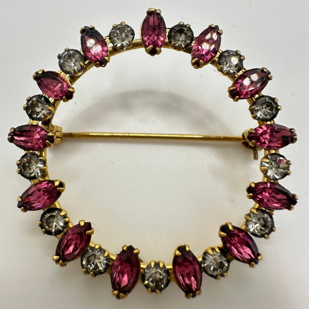 Carl Art 1940s vintage 12kt gold filled pink clear rhinestones wreath brooch