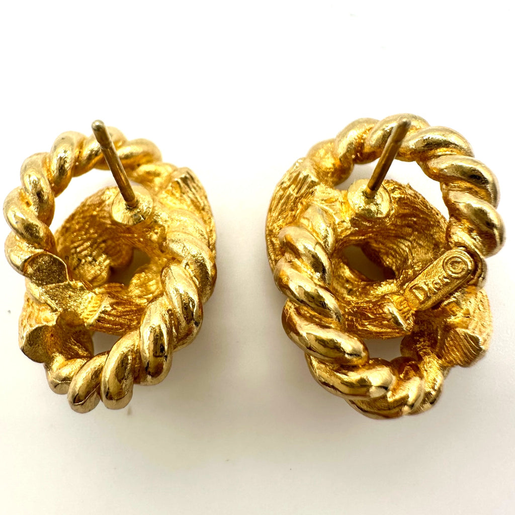 NWT Christian Dior gold plated twisted rope brooch knot post earrings in box
