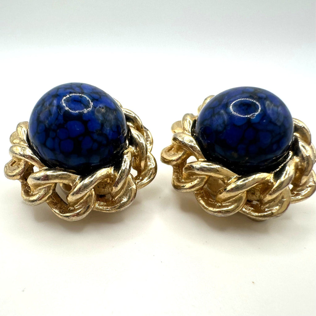 Gay Boyer  vintage gold tone blue art glass cabochon clip on earrings