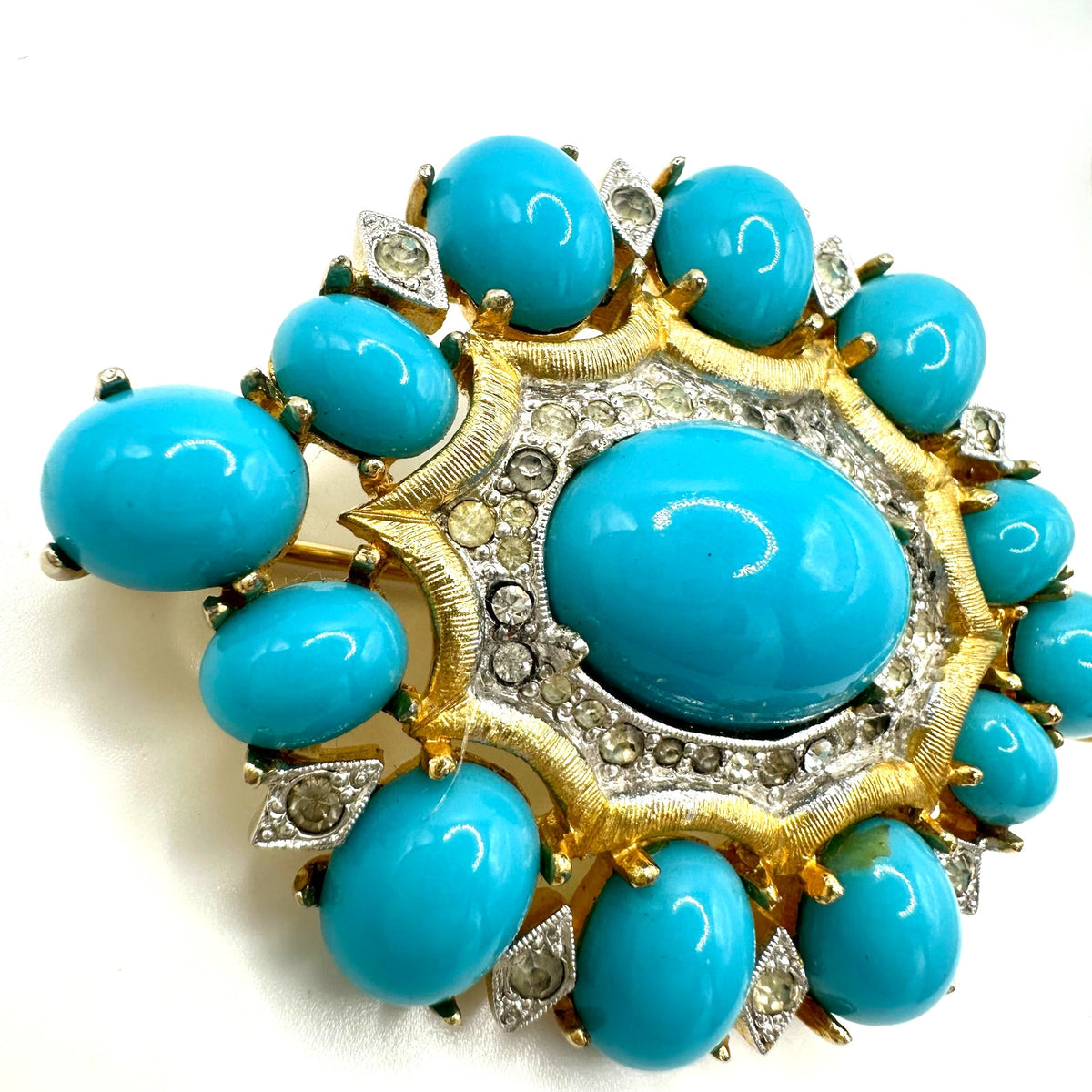 Polcini vintage gold tone clear rhinestones turquoise glass cabochons brooch