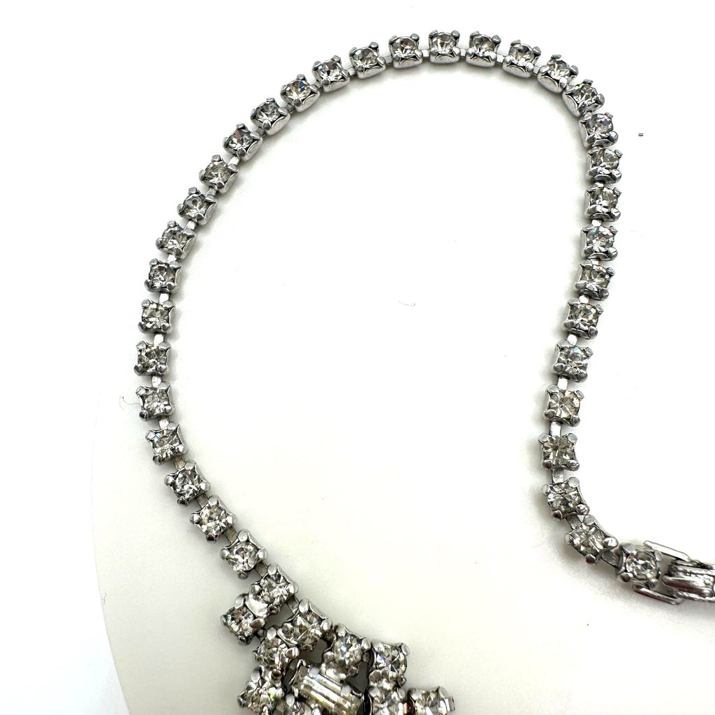 1950s vintage silver tone clear glass rhinestones pointed V swag necklace