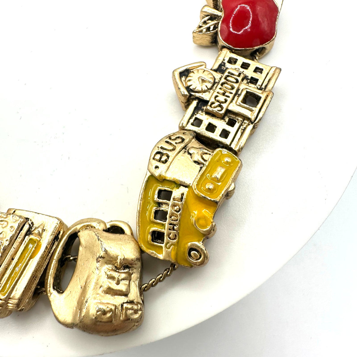 Vintage gold tone school teacher red yellow enamel slider charms bracelet