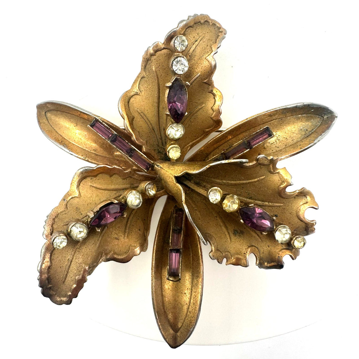 Vintage gold tone purple clear rhinestones large 3D iris flower brooch