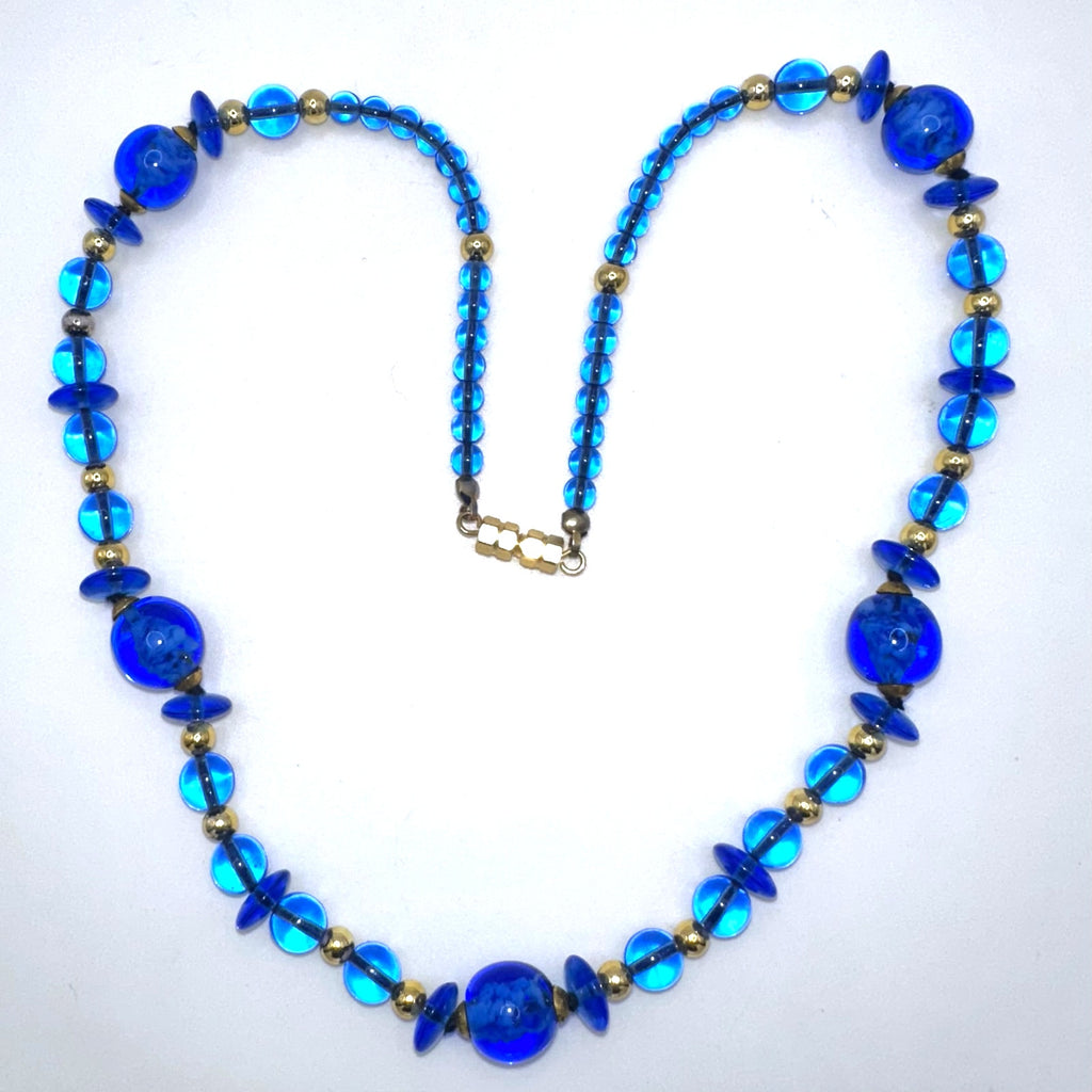 Vintage Art Deco Revival blue glass beads gold tone 21" graduated necklace