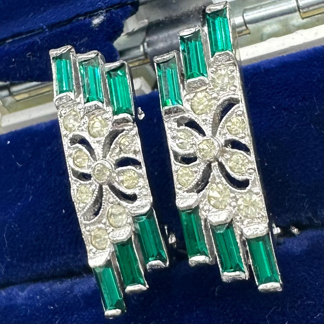 Panetta vintage silver tone clear emerald green rhinestones clip on earrings
