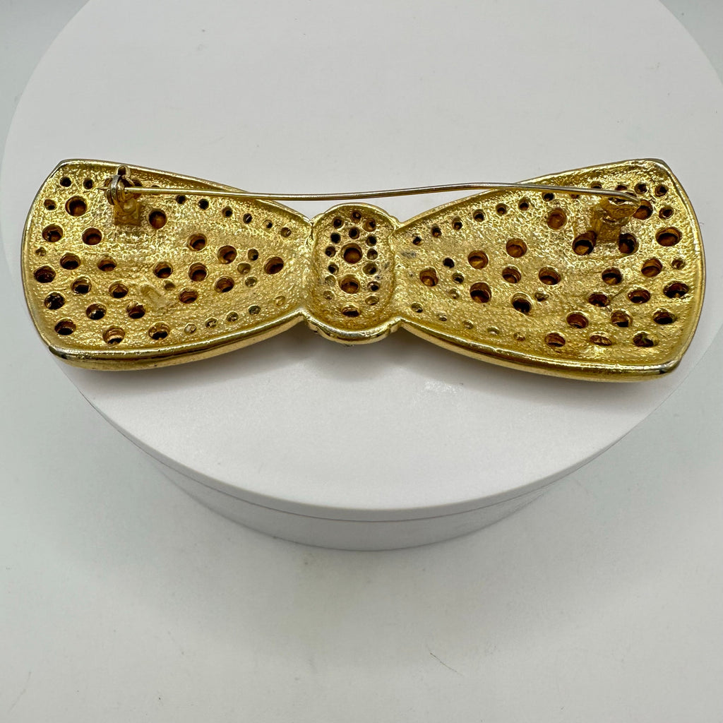 Vintage gold tone large oversized massive heavy clear rhinestones bow brooch