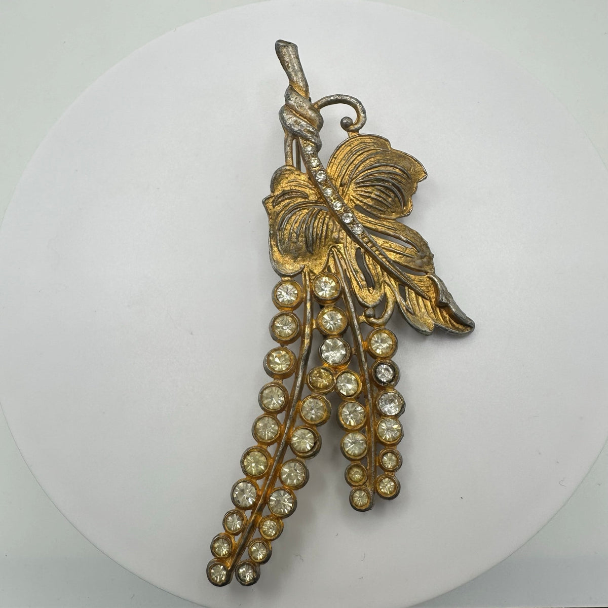 Vintage 1940s gold plated clear rhinestones floral buds fruit brooch pin