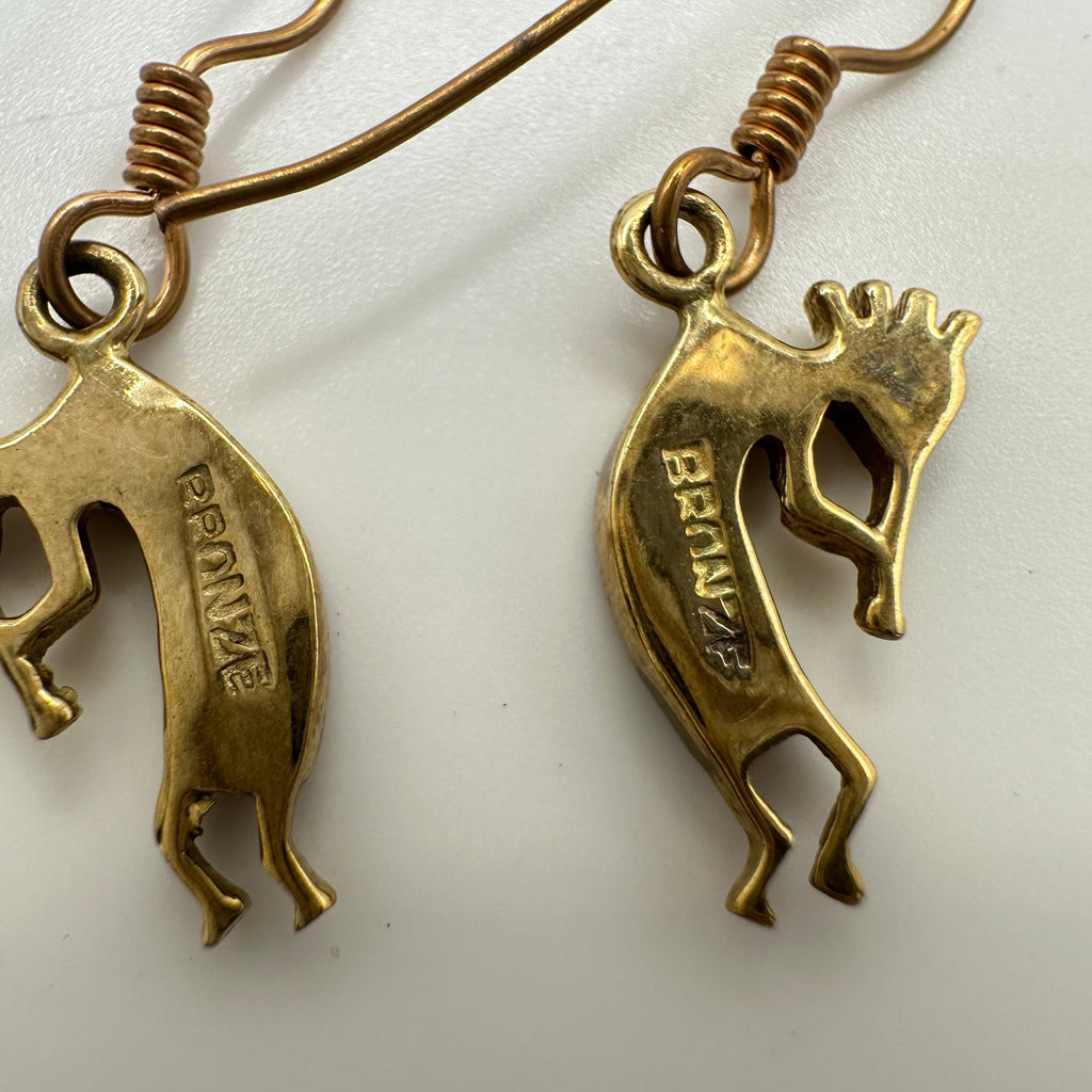 Native American bronze gold tone fire opal turquoise inlay Kokopelli earrings