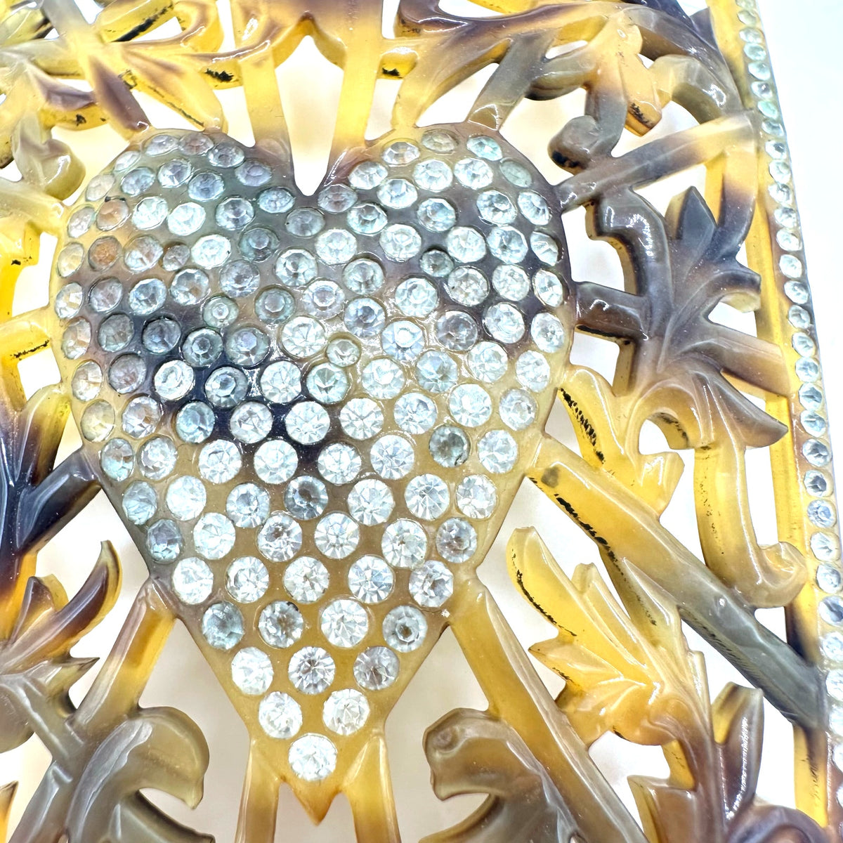 Antique Art Deco faux tortoiseshell celluloid rhinestones heart floral hair comb