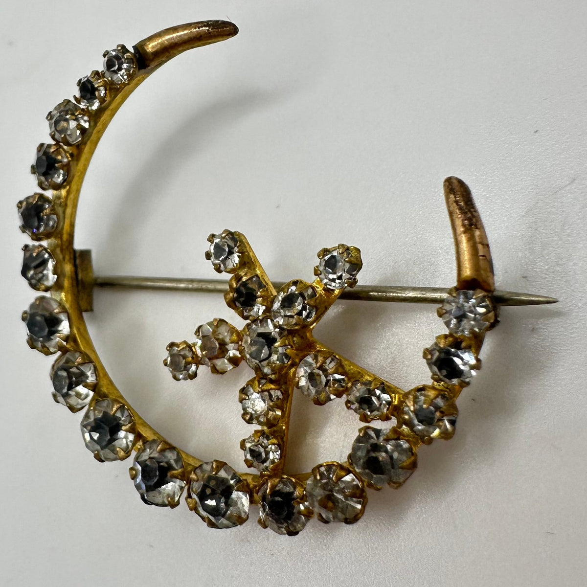Antique Victorian gold gilt clear glass rhinestones crescent moon star brooch