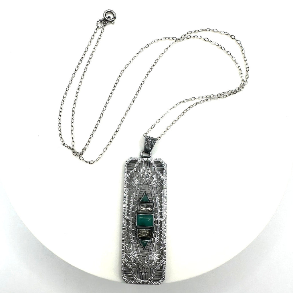Antique Art Deco rhodium plated Czech glass filigree pendant sterling necklace