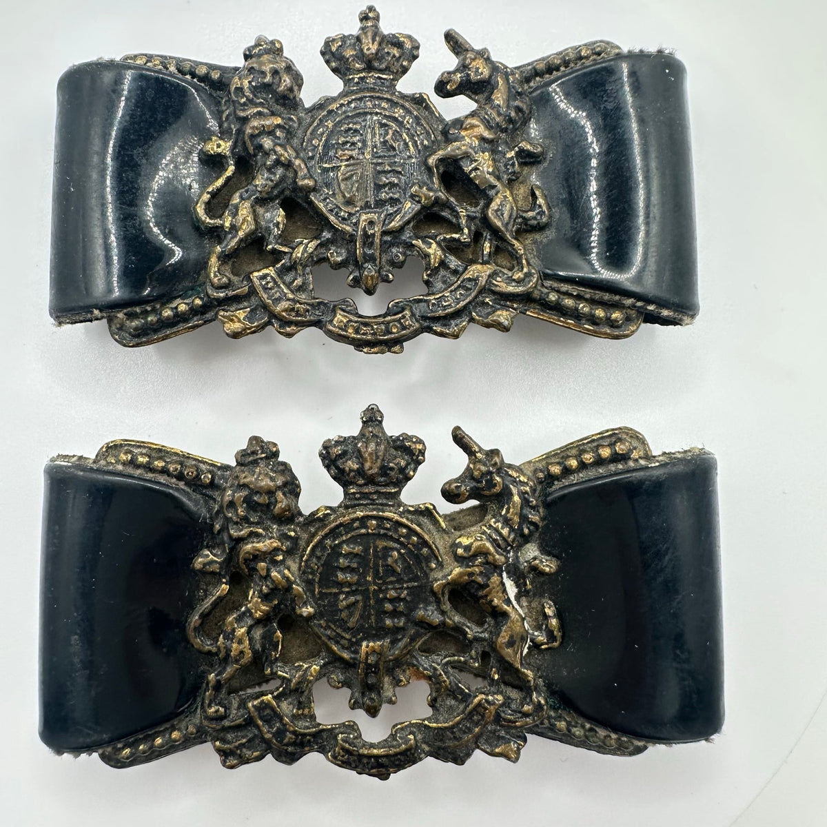 Set of 2 vintage British Military General heraldic patent leather bows buckles