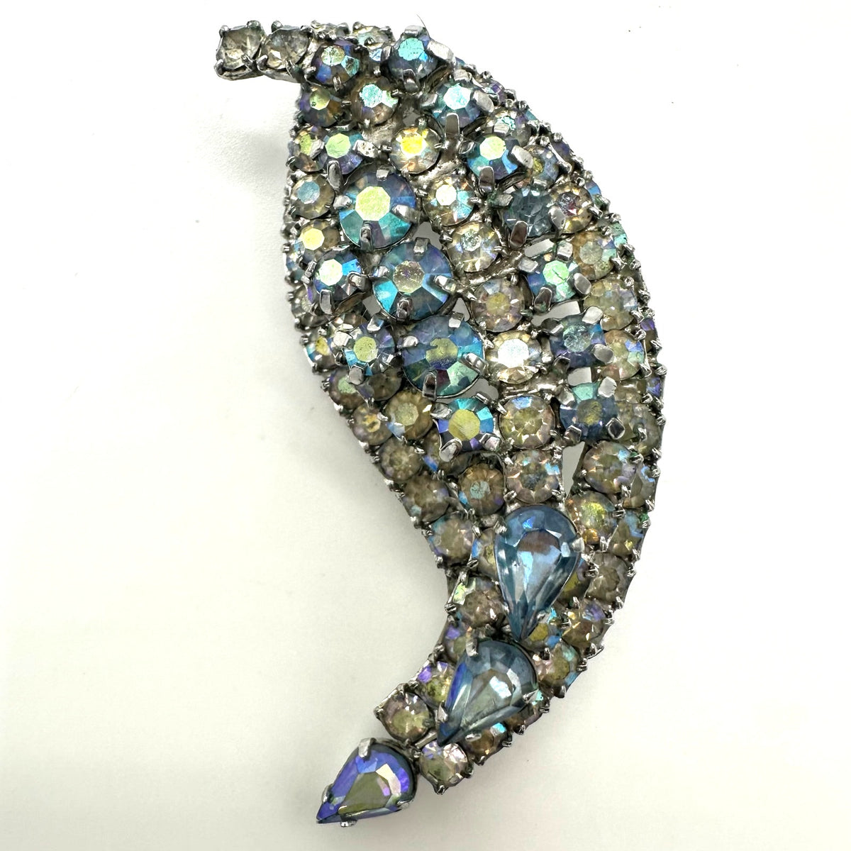 Jay Flex signed vintage sterling silver clear blue AB rhinestones paisley brooch