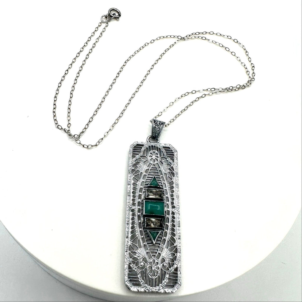Antique Art Deco rhodium plated Czech glass filigree pendant sterling necklace