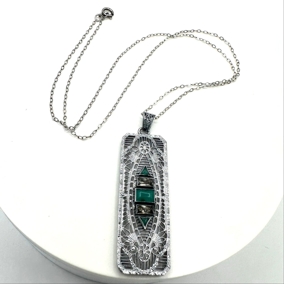 Antique Art Deco rhodium plated Czech glass filigree pendant sterling necklace