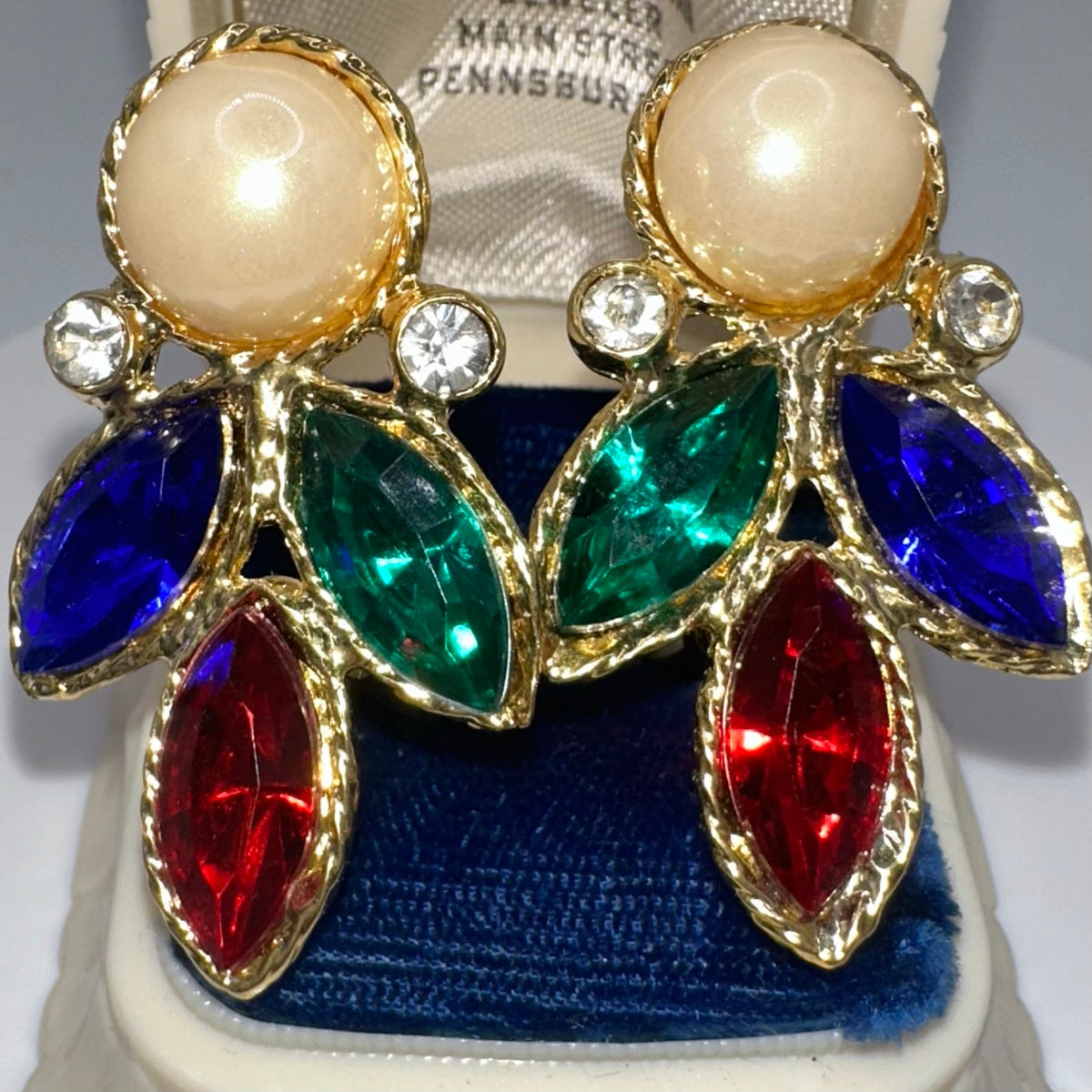 1990s vintage gold tone multicolor rhinestones faux pearls clip on earrings