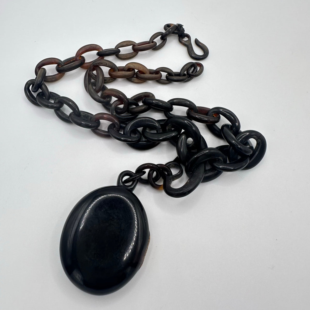 Antique Victorian 1800s Pique "faux" tortoise shell 14kt gold inlay locket chain