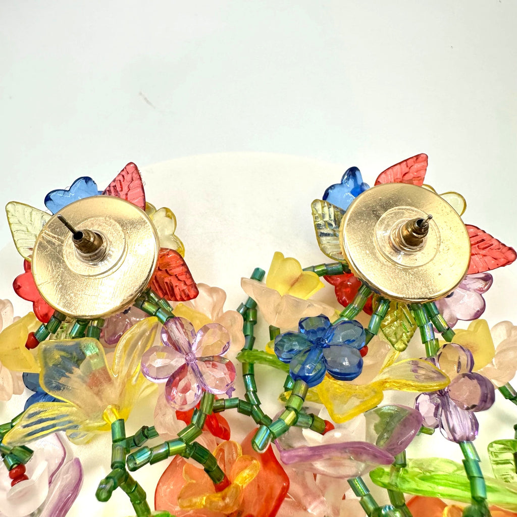 Multicolor plastic floral flowers beaded dangle 4" drop post statement earrings