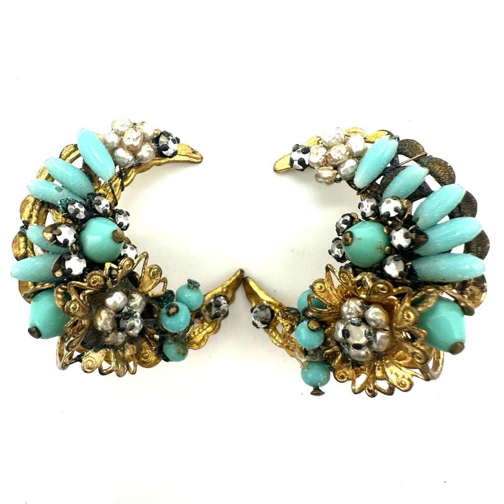 Vintage gold tone turquoise beaded rhinestones crescent moon clip on earrings