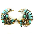 Vintage gold tone turquoise beaded rhinestones crescent moon clip on earrings