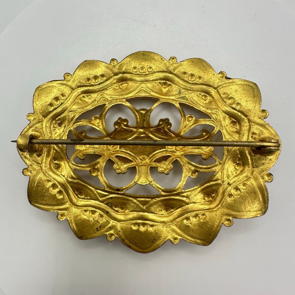 Antique 1900s Arts & Crafts gold gilt brass oval sunburst sash pin brooch