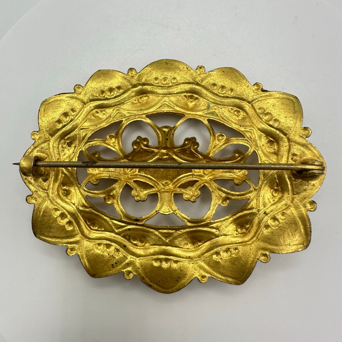 Antique 1900s Arts & Crafts gold gilt brass oval sunburst sash pin brooch