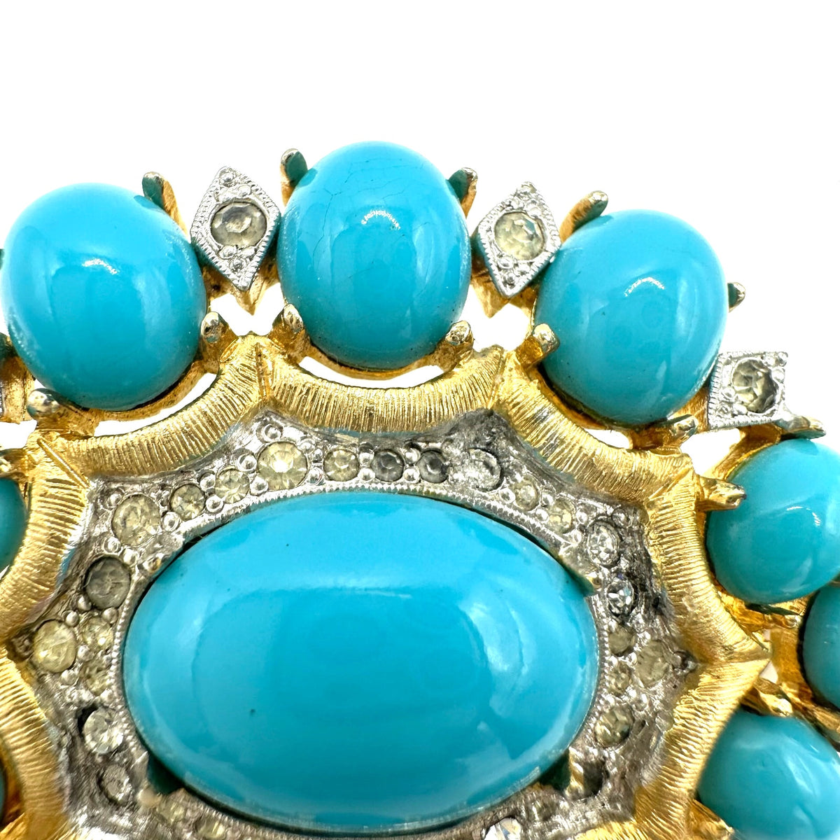 Polcini vintage gold tone clear rhinestones turquoise glass cabochons brooch