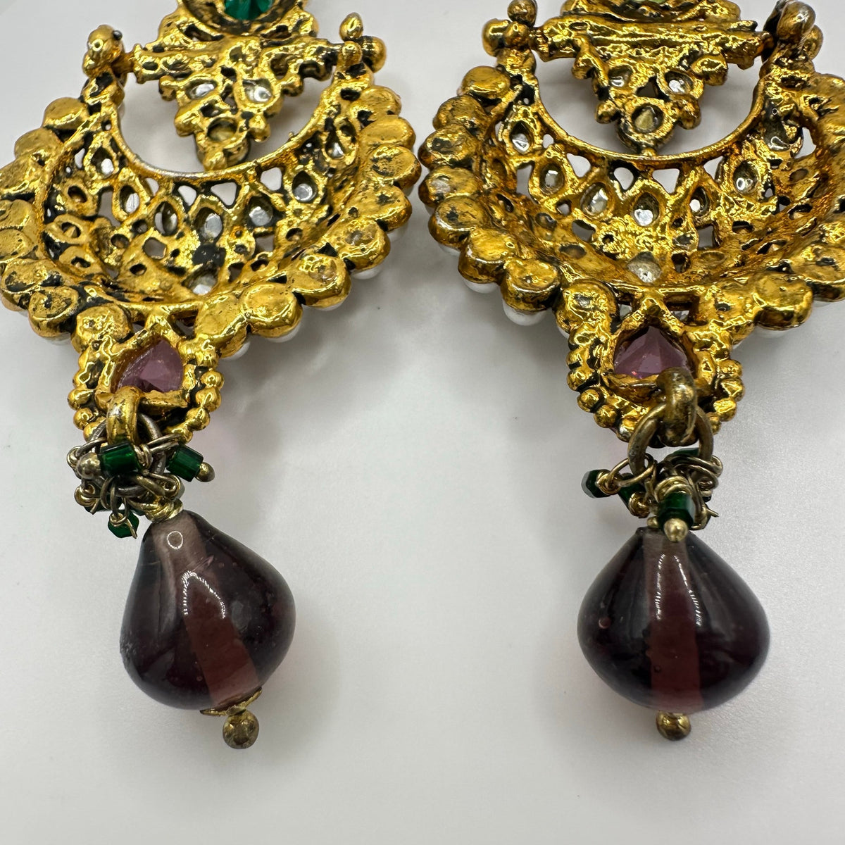 Indian Bridal gold kundan green purple glass rhinestones faux pearl earrings