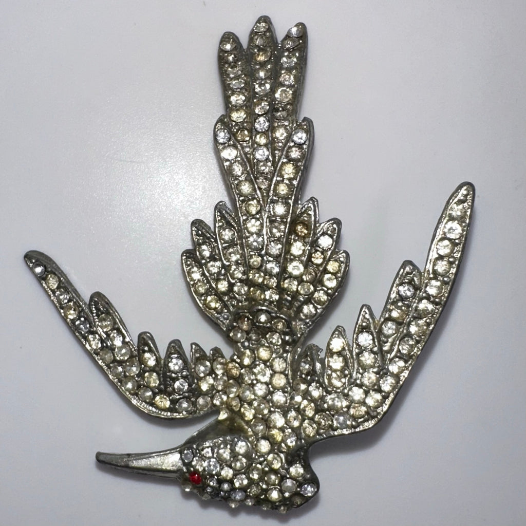 Antique Art Deco 1930s silver pot metal clear red rhinestones bird brooch