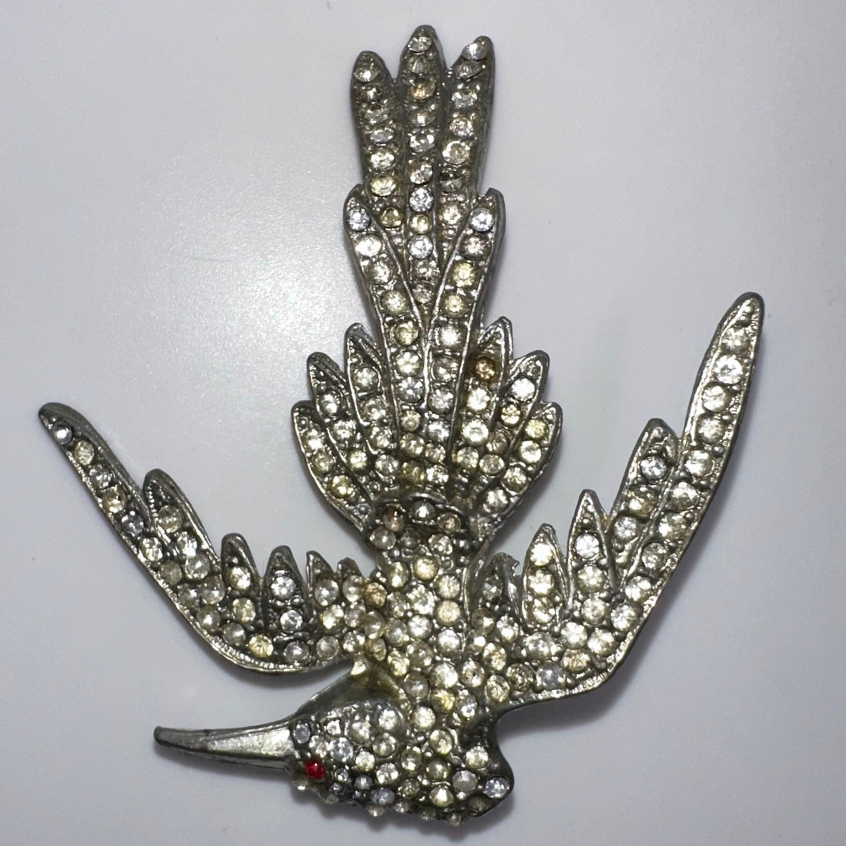 Antique Art Deco 1930s silver pot metal clear red rhinestones bird brooch