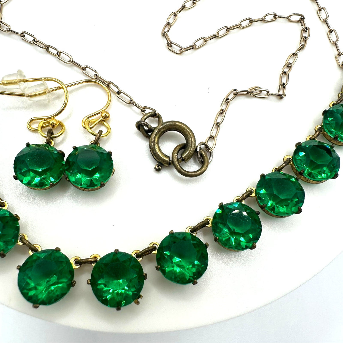 Antique Art Deco green Czech glass rhinestones rivière chain necklace earrings