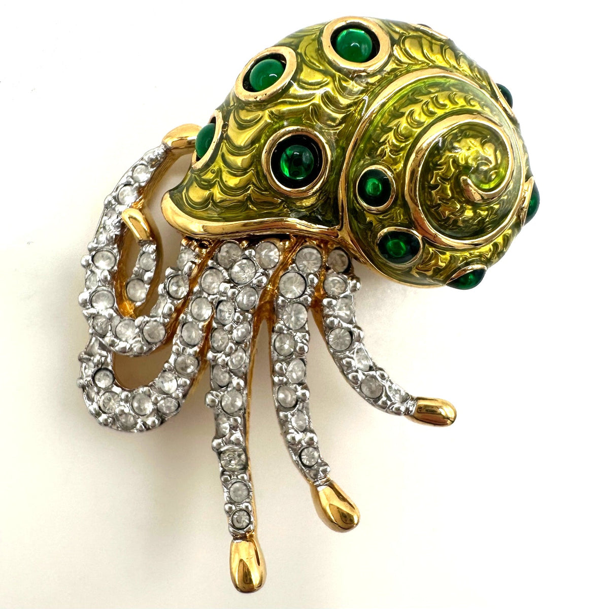 Swarovski Swan vintage gold plated Austrian crystal green enamel nautilus brooch