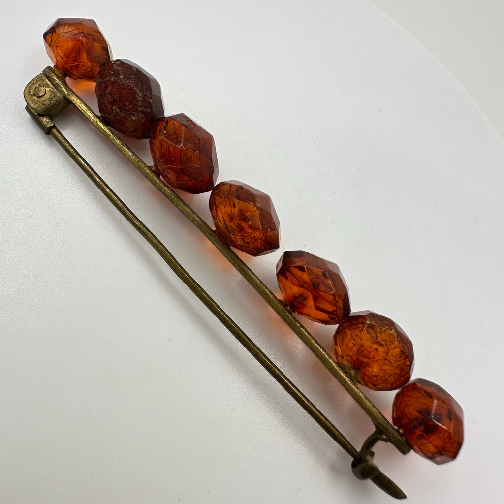 Antique Victorian 1800s genuine faceted Baltic amber beads bar pin brooch