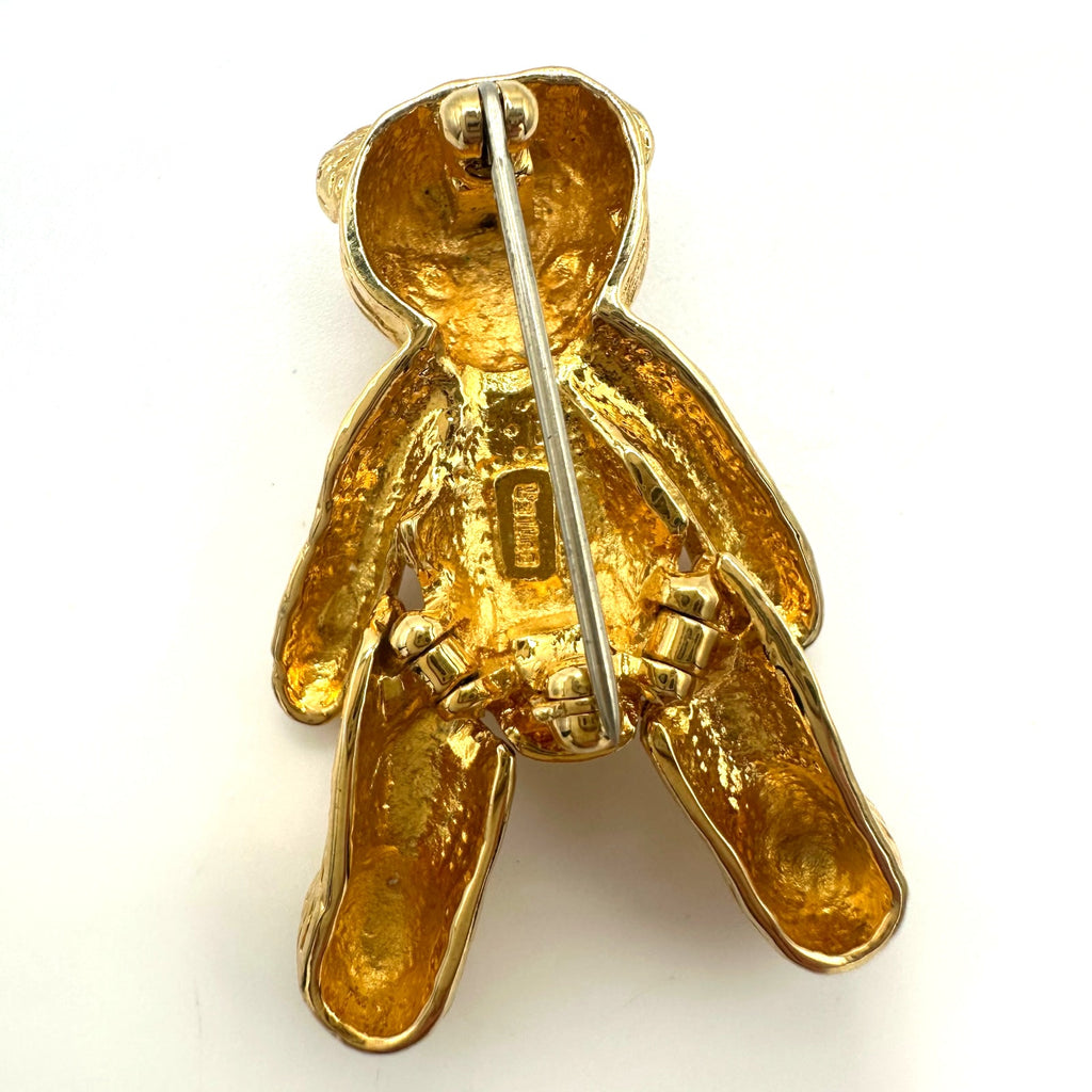 Butler vintage gold tone clear rhinestones articulated teddy bear figural brooch
