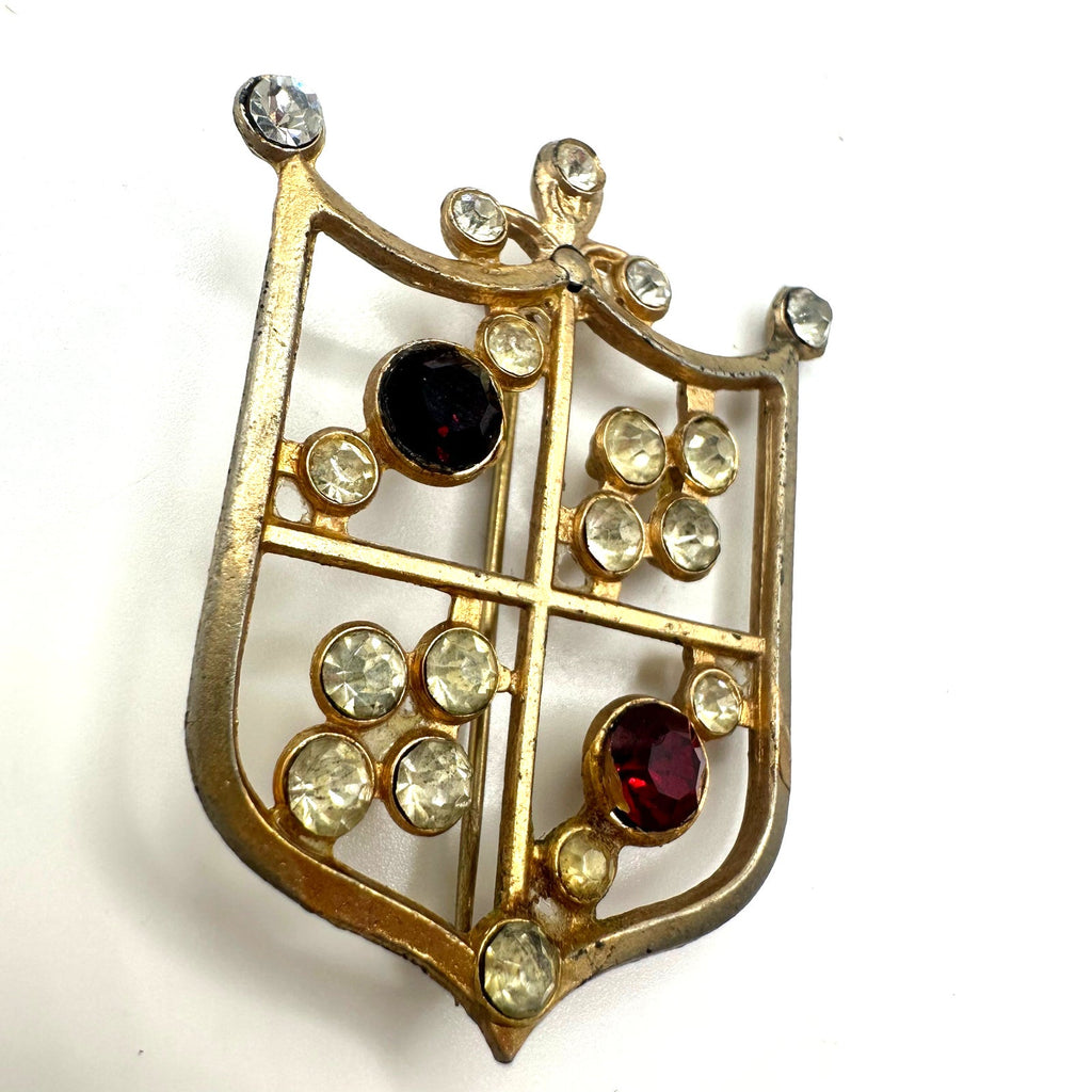Vintage gold tone red clear rhinestone Heraldic shield crest coat of arms brooch