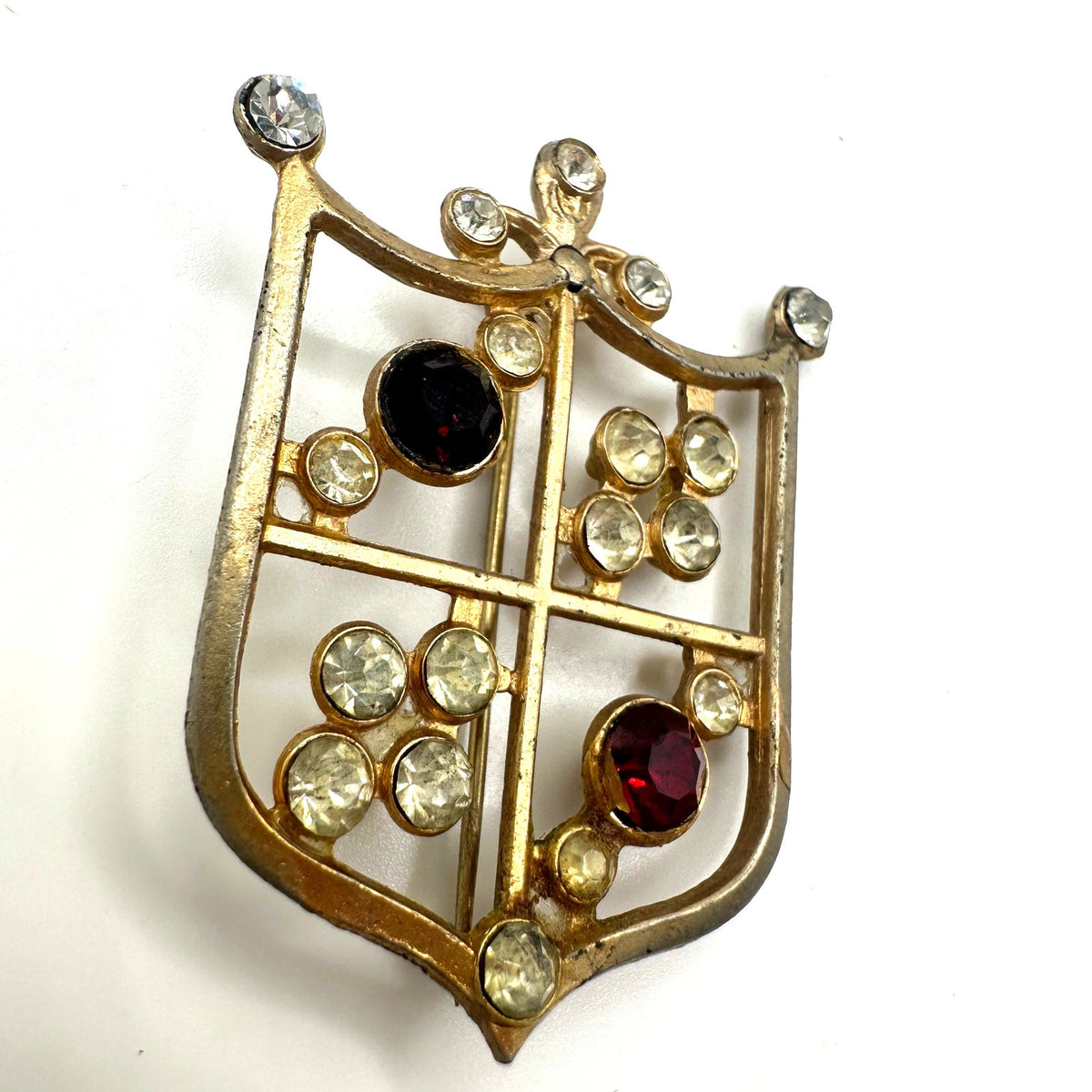 Vintage gold tone red clear rhinestone Heraldic shield crest coat of arms brooch
