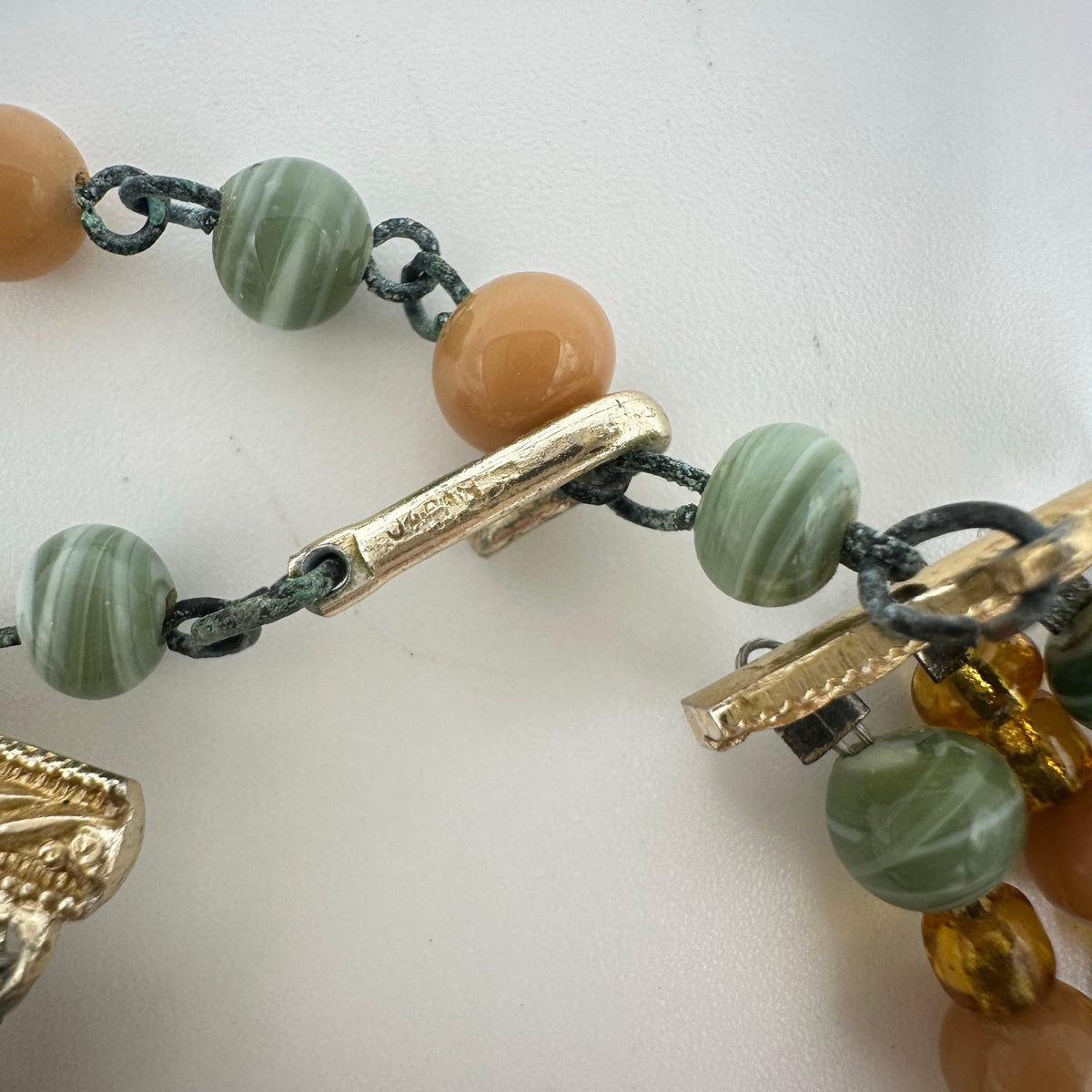 Japan vintage 4 multi strand green tan amber art glass beaded graduated necklace