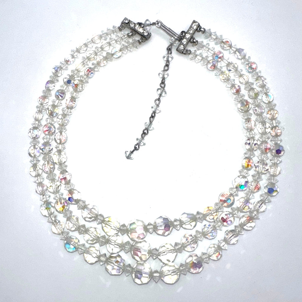 Vintage 3 triple strand clear AB aurora borealis glass beaded graduated necklace