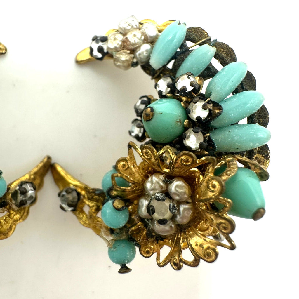 Vintage gold tone turquoise beaded rhinestones crescent moon clip on earrings
