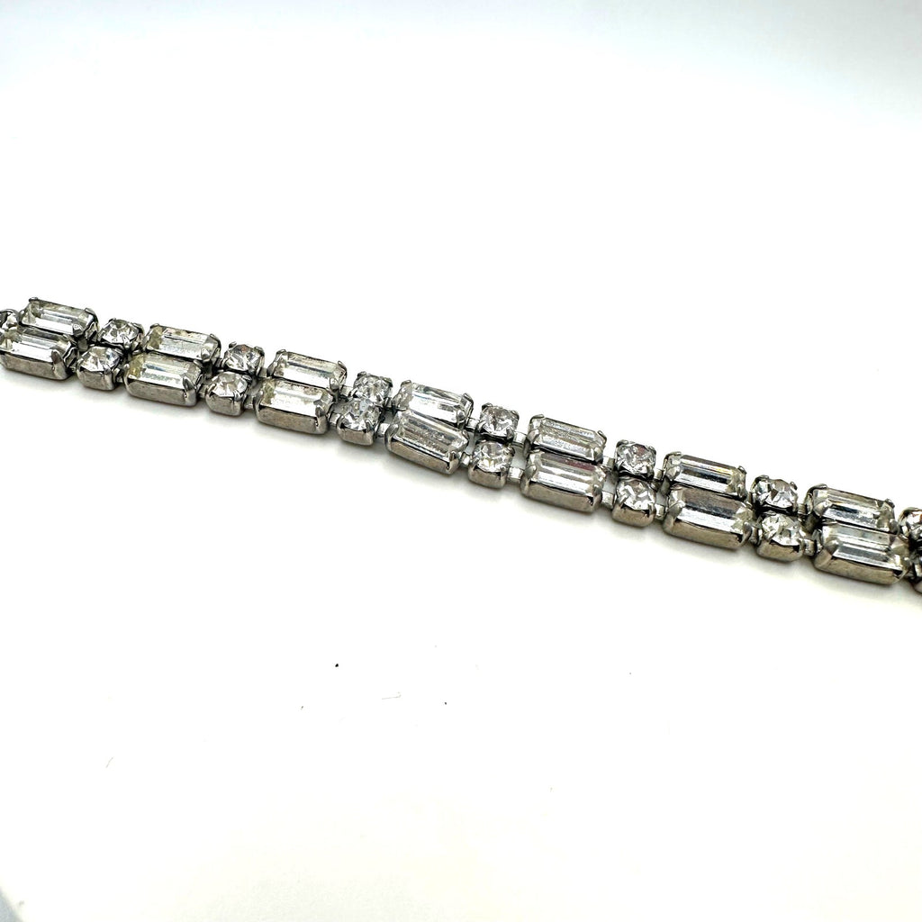 1950s vintage silver tone 2 row clear faceted glass rhinestones tennis bracelet