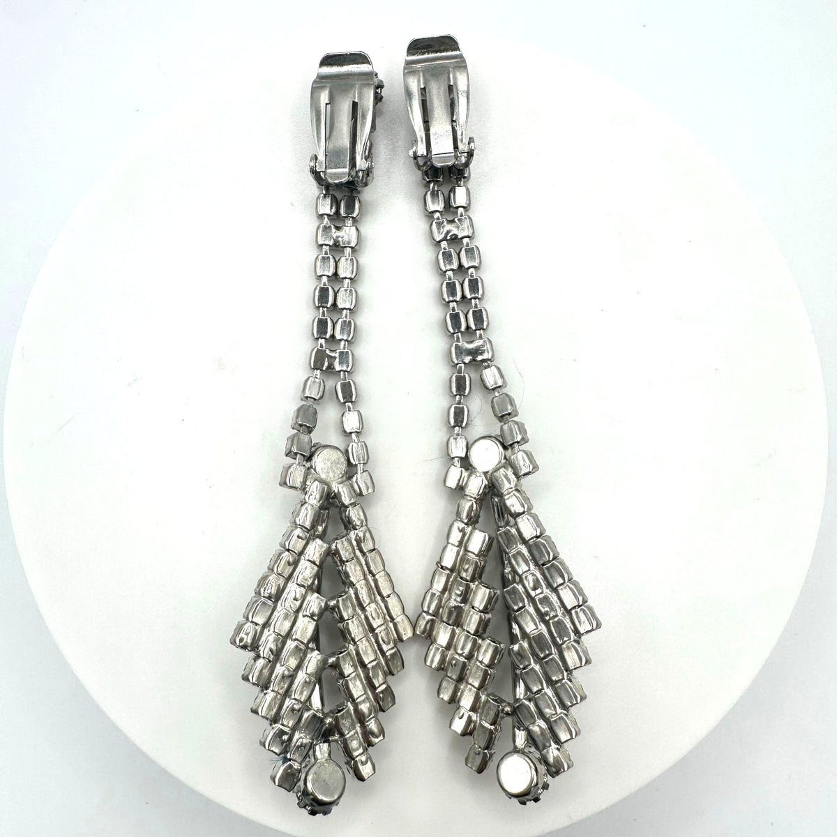 Vintage silver tone clear glass rhinestones 4" dangle drop clip on earrings