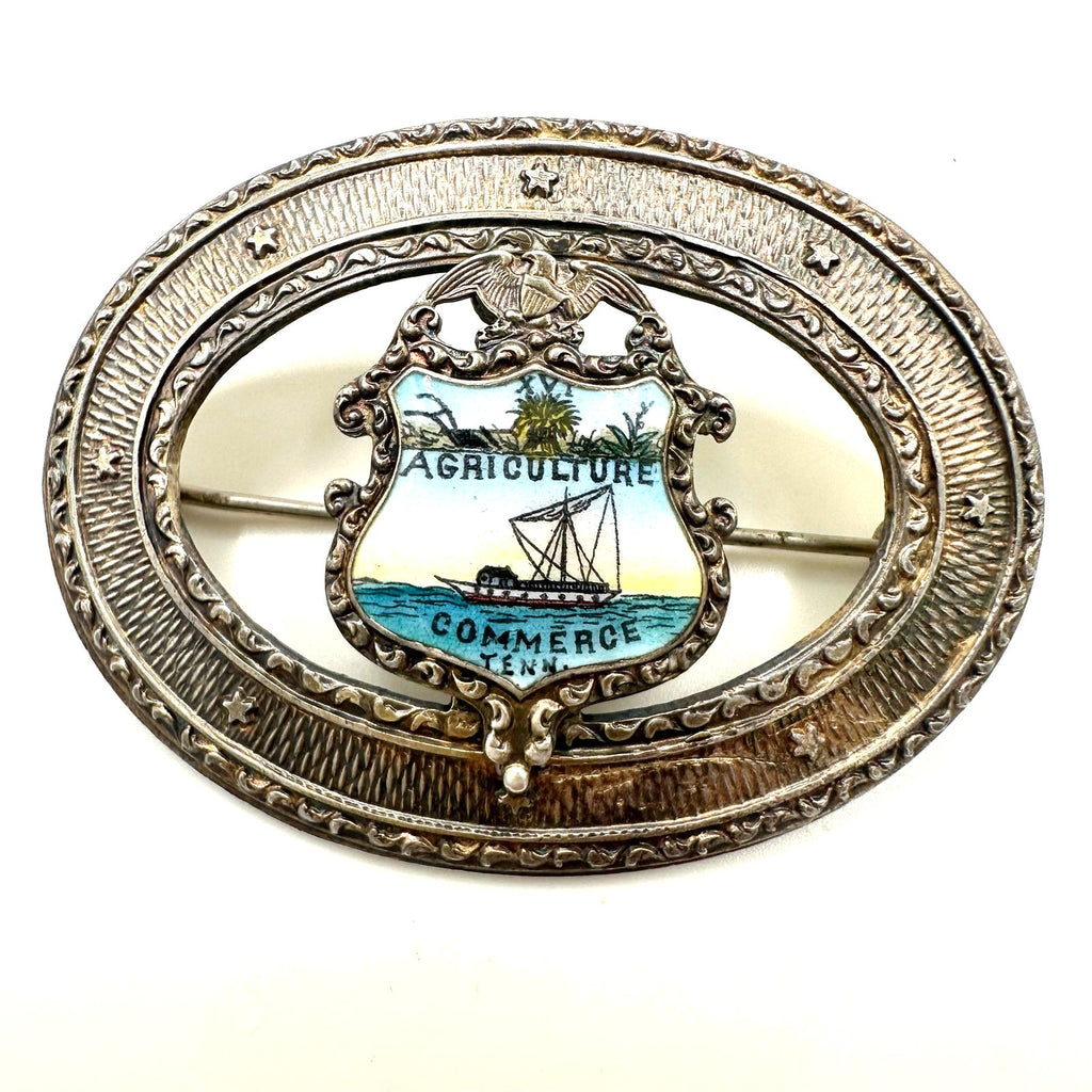 Antique 1900s sterling silver Tennessee Coat of Arms enamel sash pin brooch