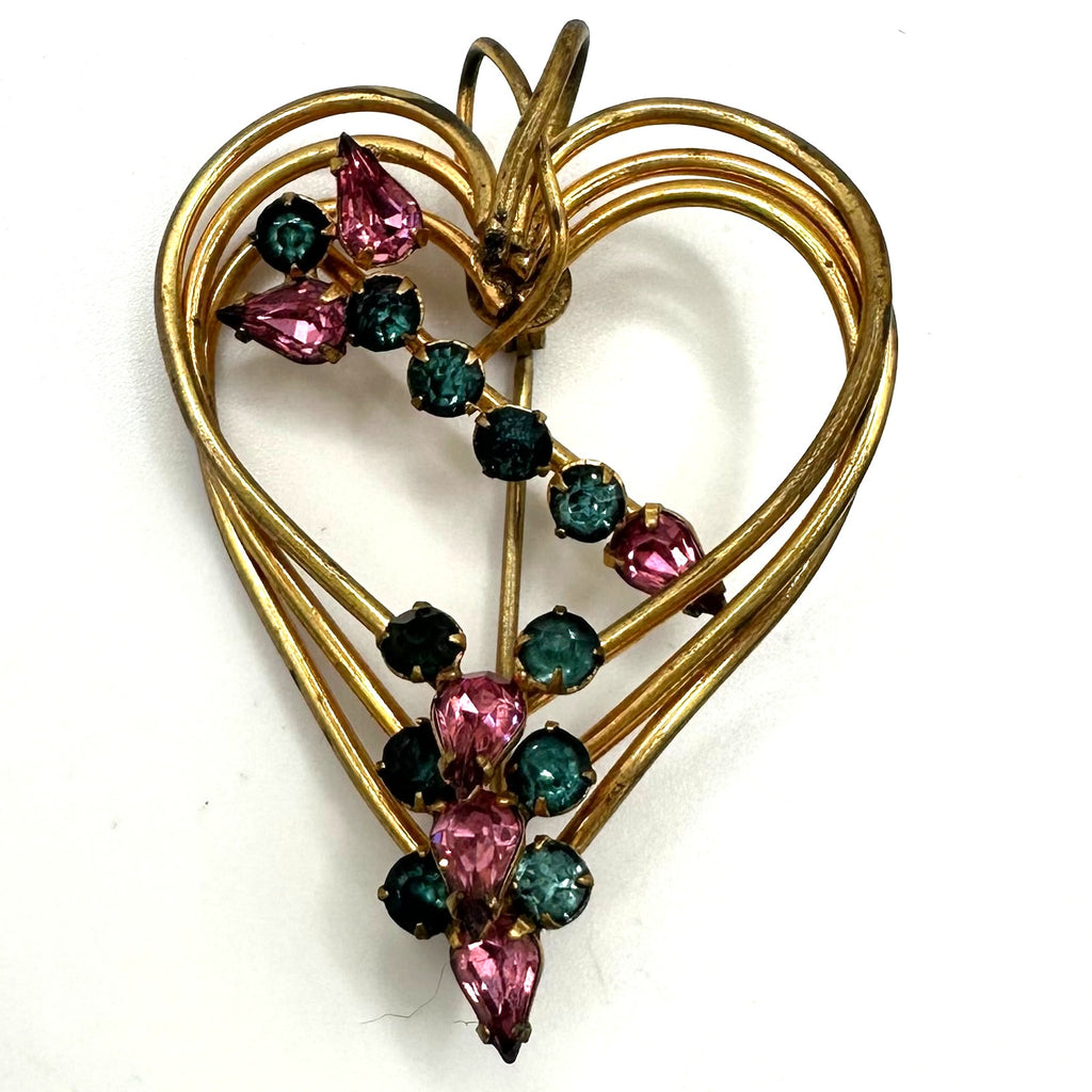 1940s 1950s vintage gold tone pink blue rhinestones heart brooch pin pendant