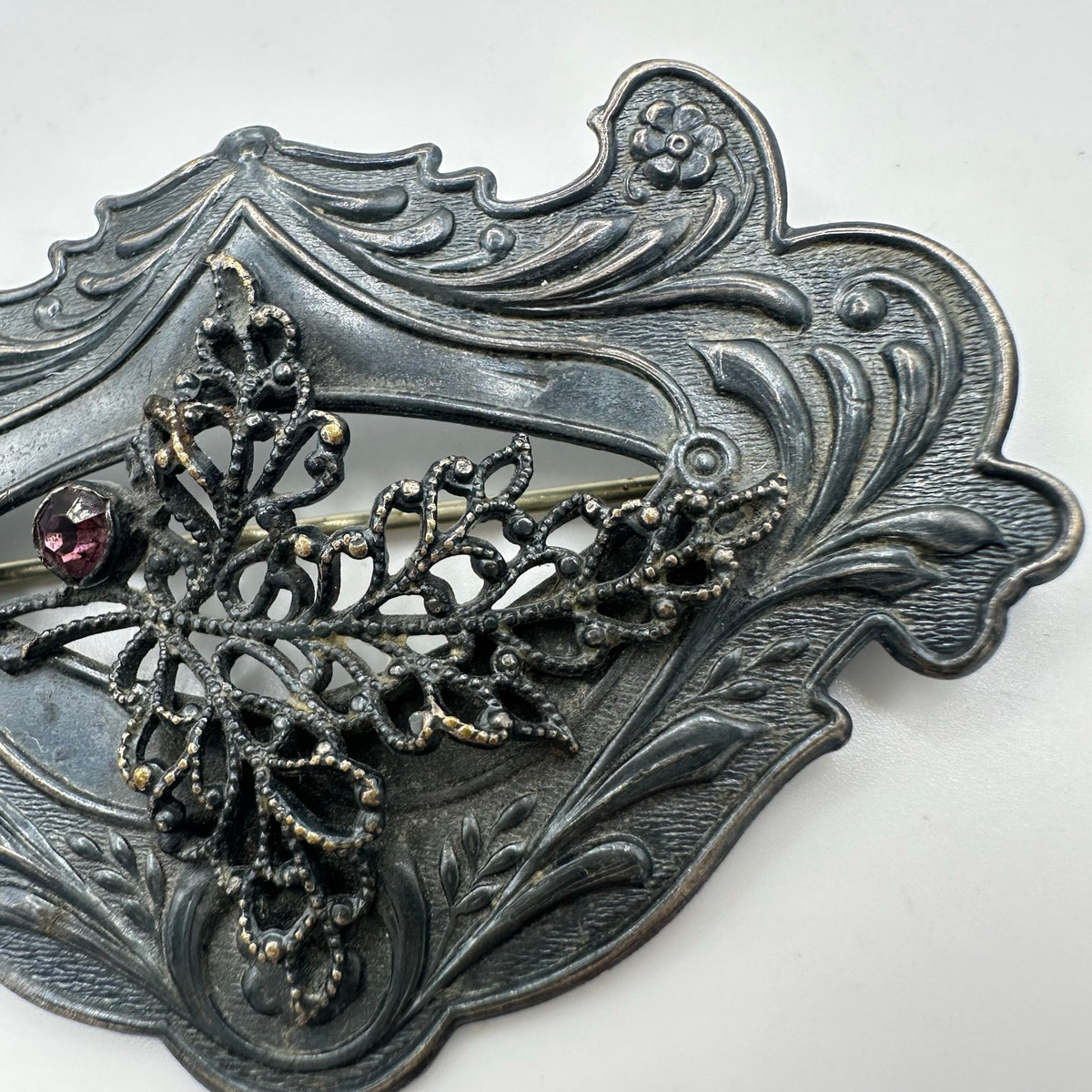 Antique 1900s Art Nouveau gilt silver brass purple rhinestone sash pin brooch