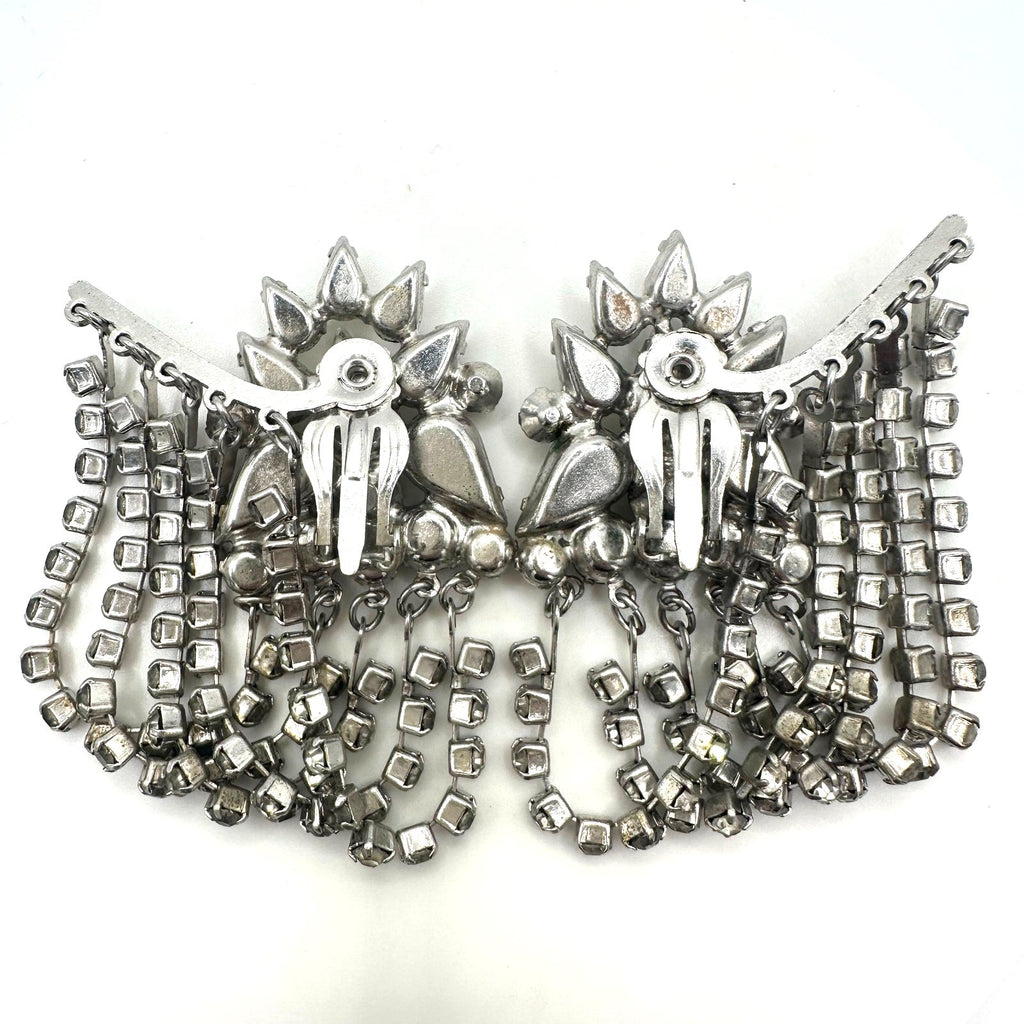 Vintage silver tone clear rhinestones swag chains fringe clip on earrings